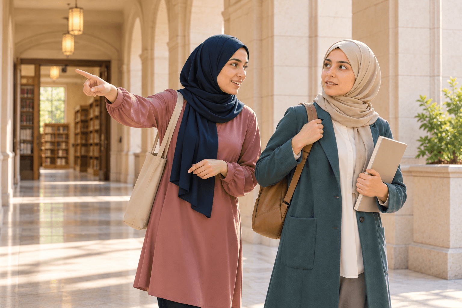 نفس الطالبة تسأل زميلة تشير إلى ممر المكتبة.