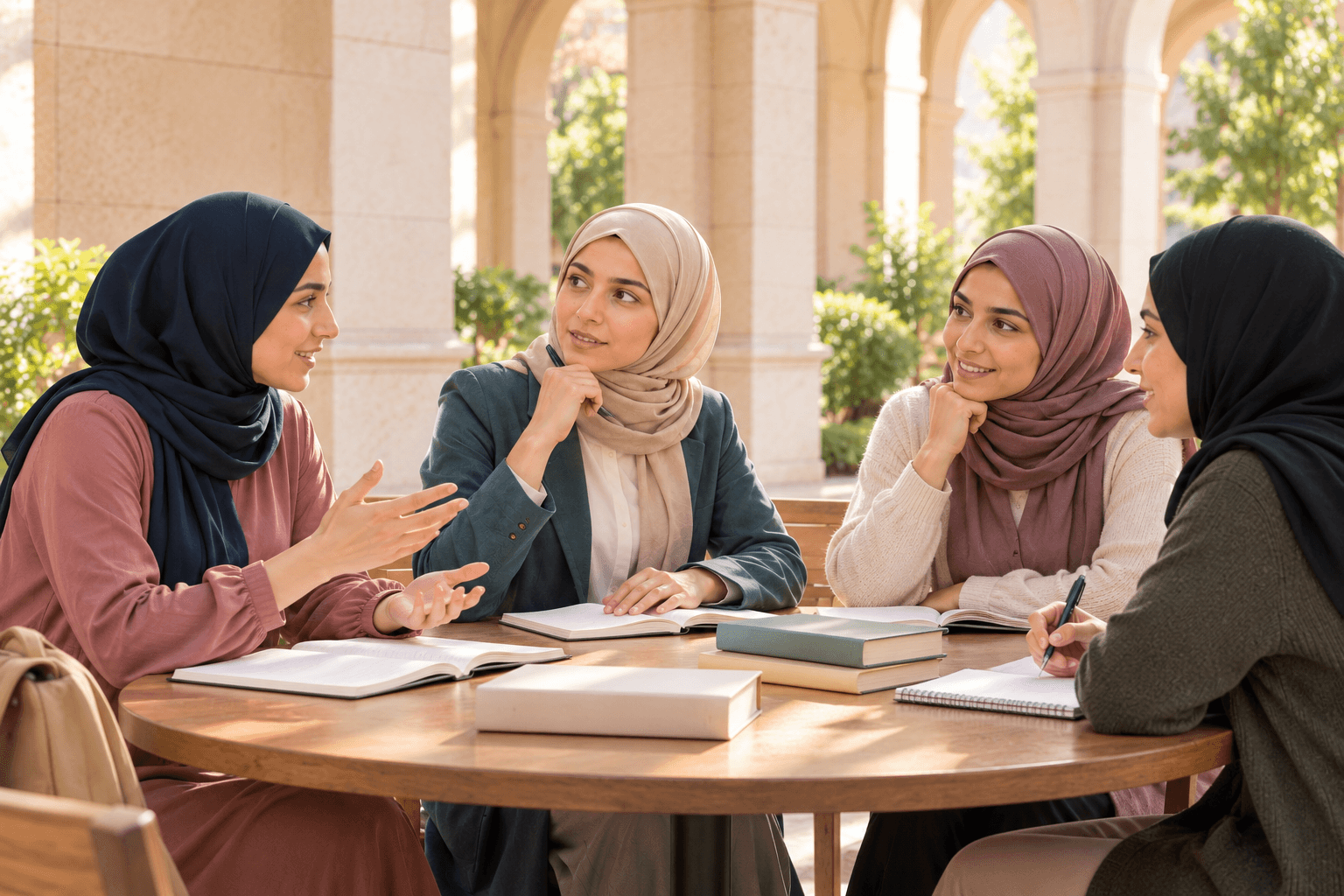 نفس الطالبة تجلس مع مجموعة دراسة؛ لا نرسم نتيجة نجاح مؤكدة.
