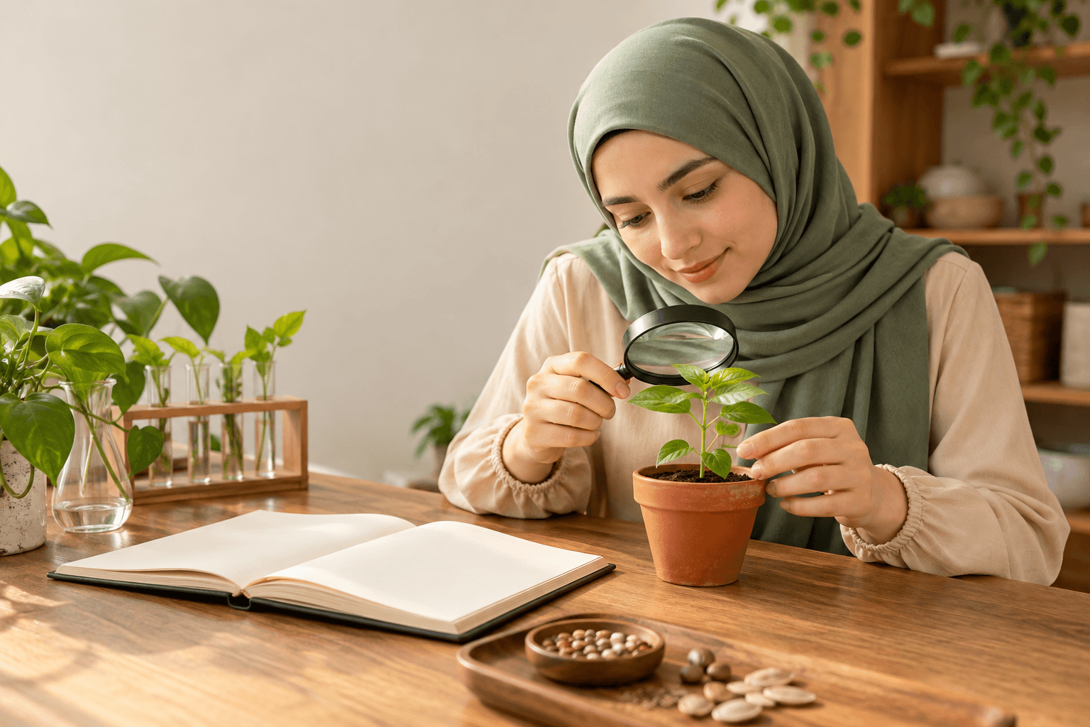 طالبة بحجاب تدرس أحياء وتنظر إلى شتلة وعدسة مكبرة.