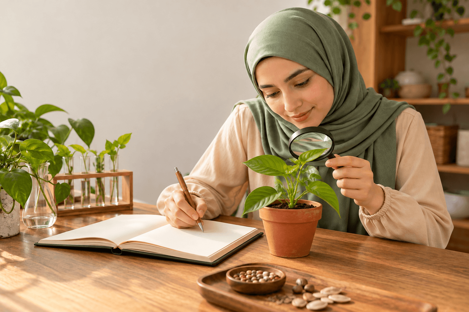 نفس الطالبة تفحص ورقة نبات وتسجل ملاحظات في دفتر فارغ.