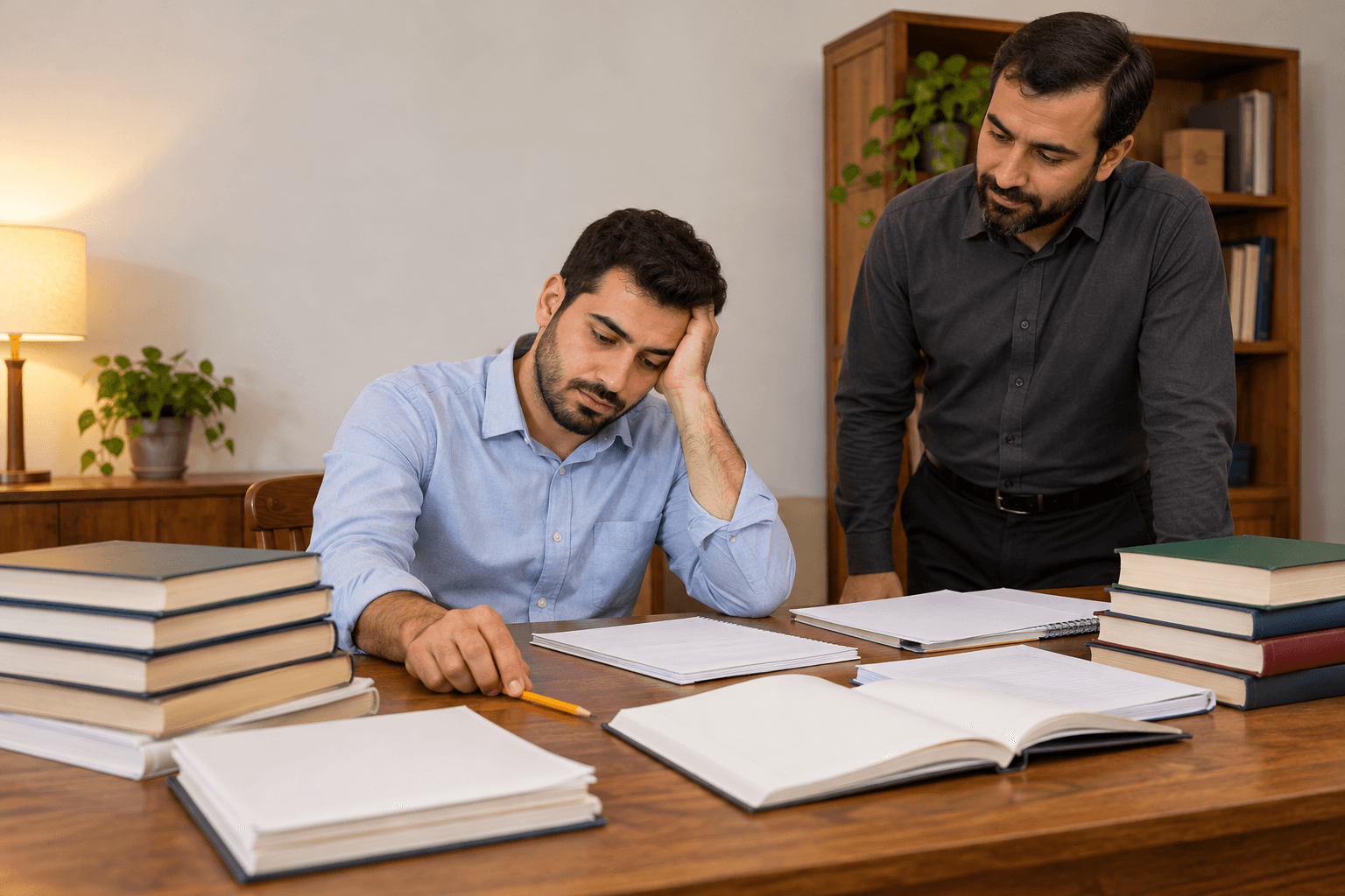 عمر أمام كتب كثيرة، متعب ويضع القلم على المكتب.