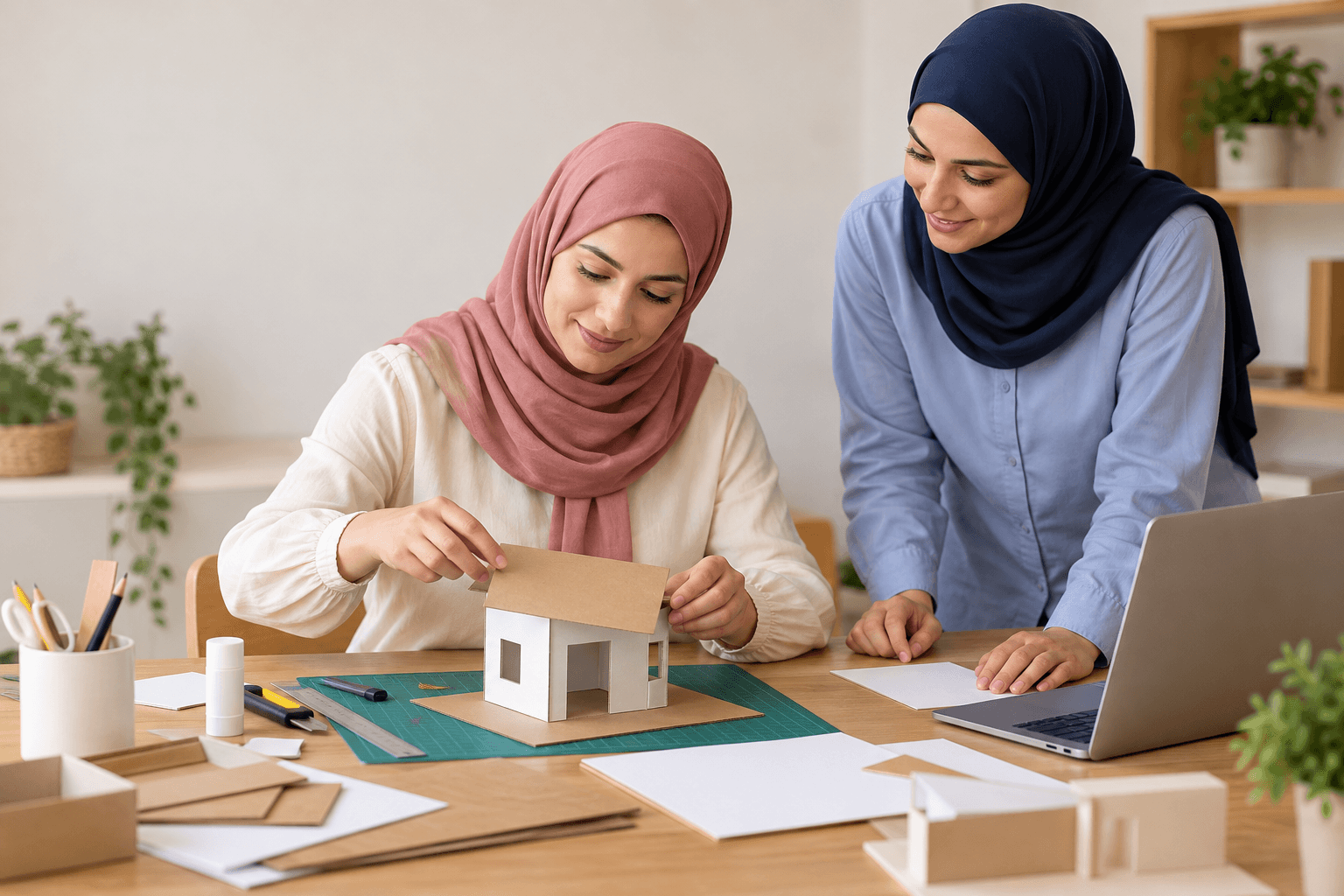 طالبة بحجاب تعمل على نموذج تصميم بسيط.