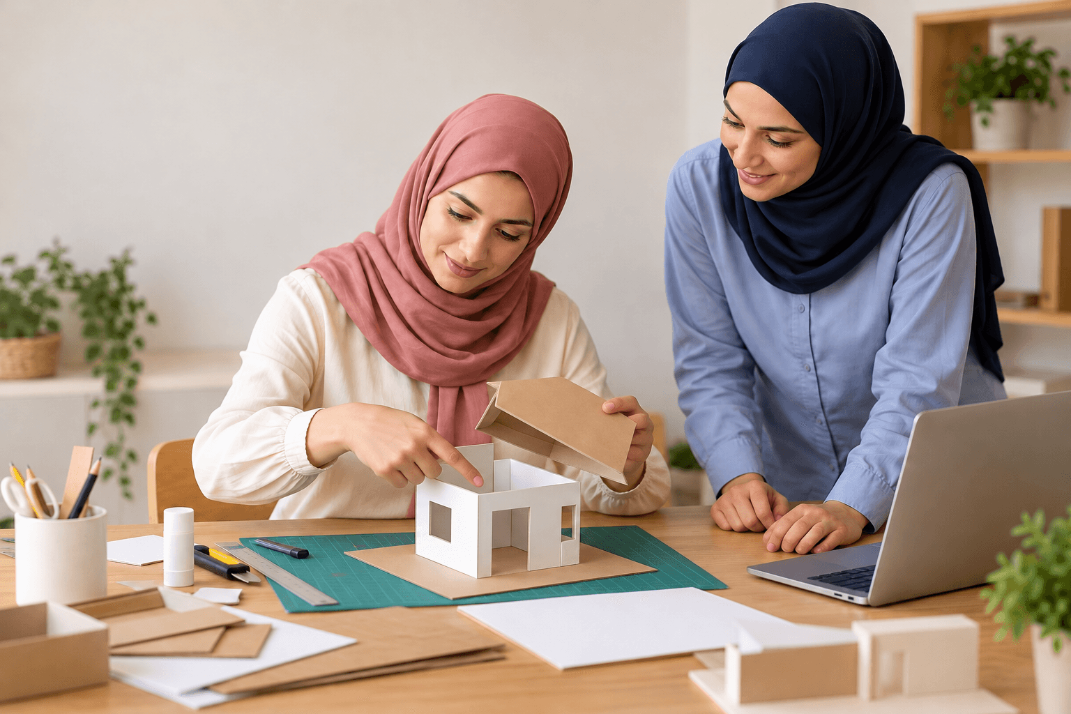 نفس الطالبة تعرض عملها وتشرح تجربة للمشرفة.