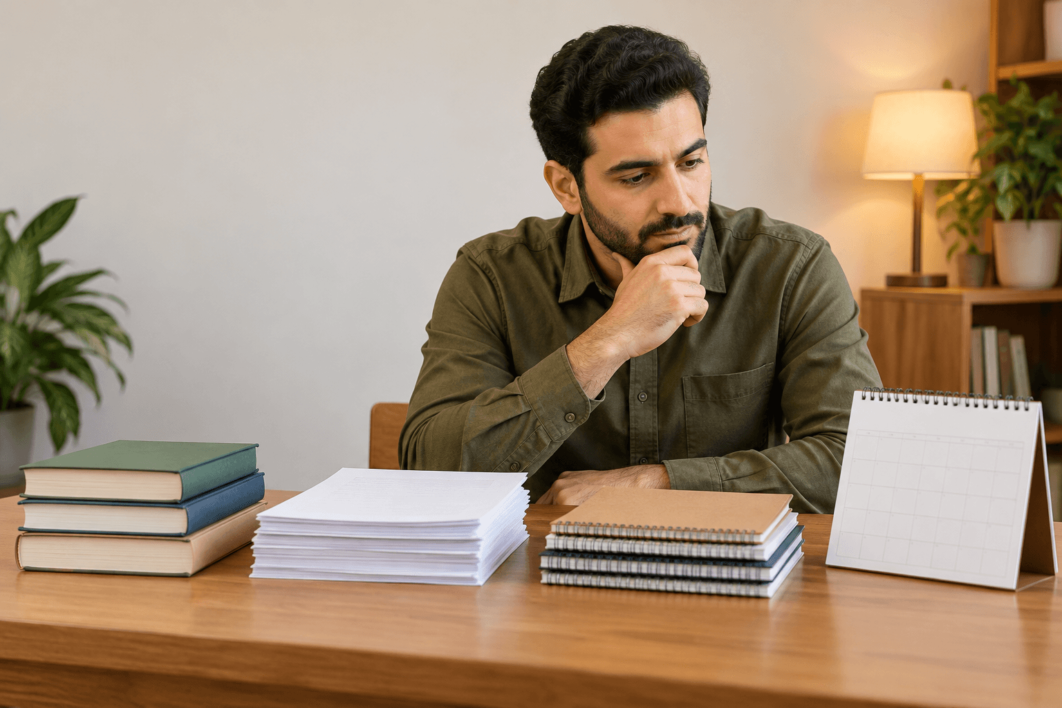 طالب أمام ثلاث مجموعات أعمال وتقويم فارغ واحد.