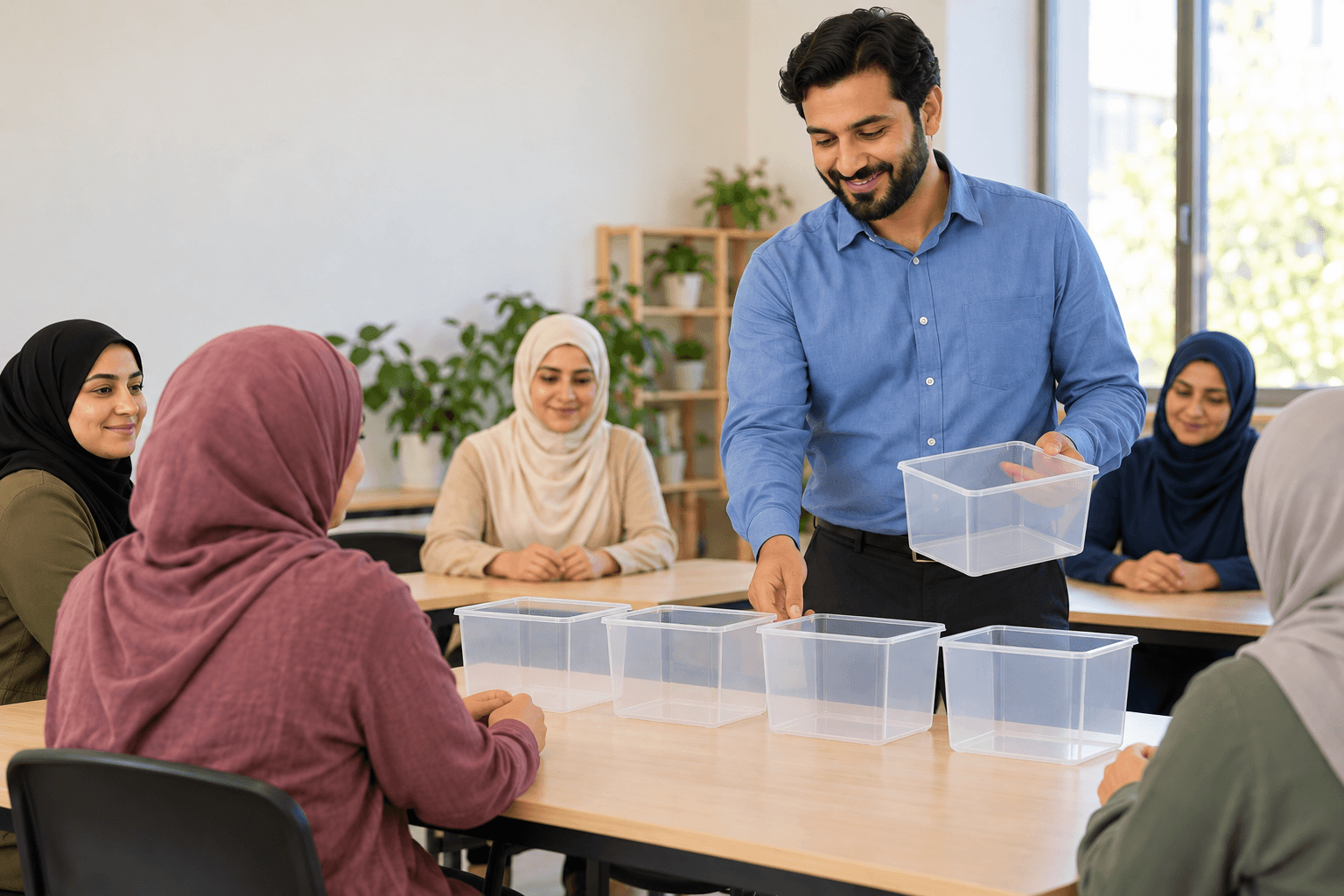 المنظم يرتب صناديق متساوية فارغة للموضوعات، دون أعداد.
