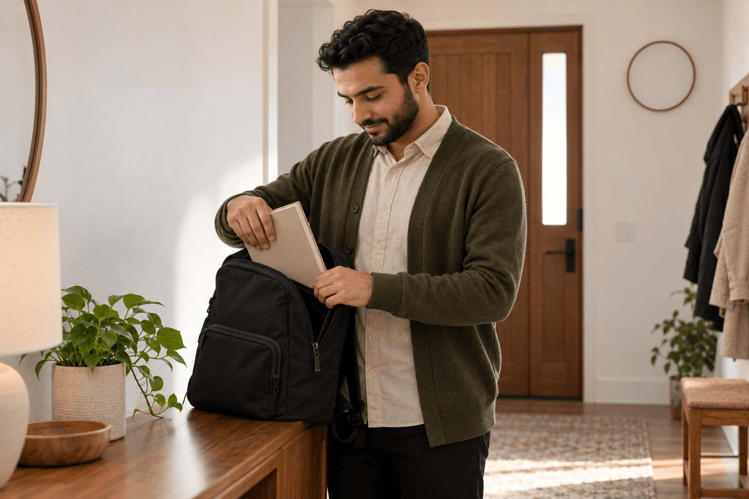 شخص يضع كتابًا في حقيبته قبل الخروج.