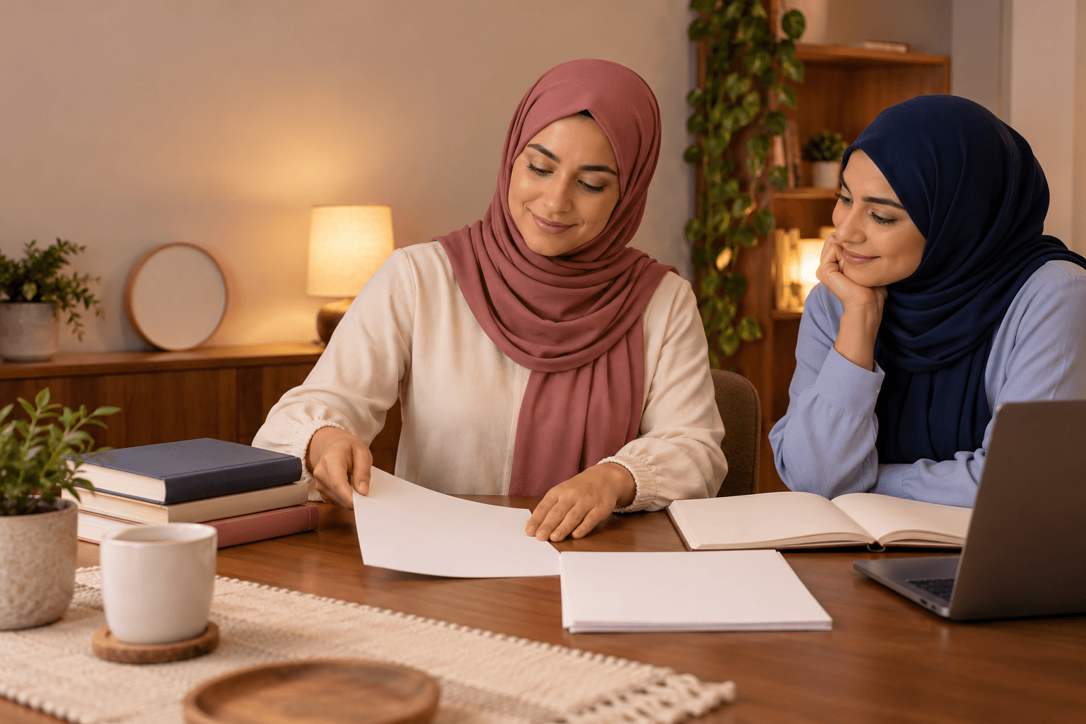 مها بحجاب على مكتب بعد العشاء تنظم قائمة فارغة بجوار كتب.
