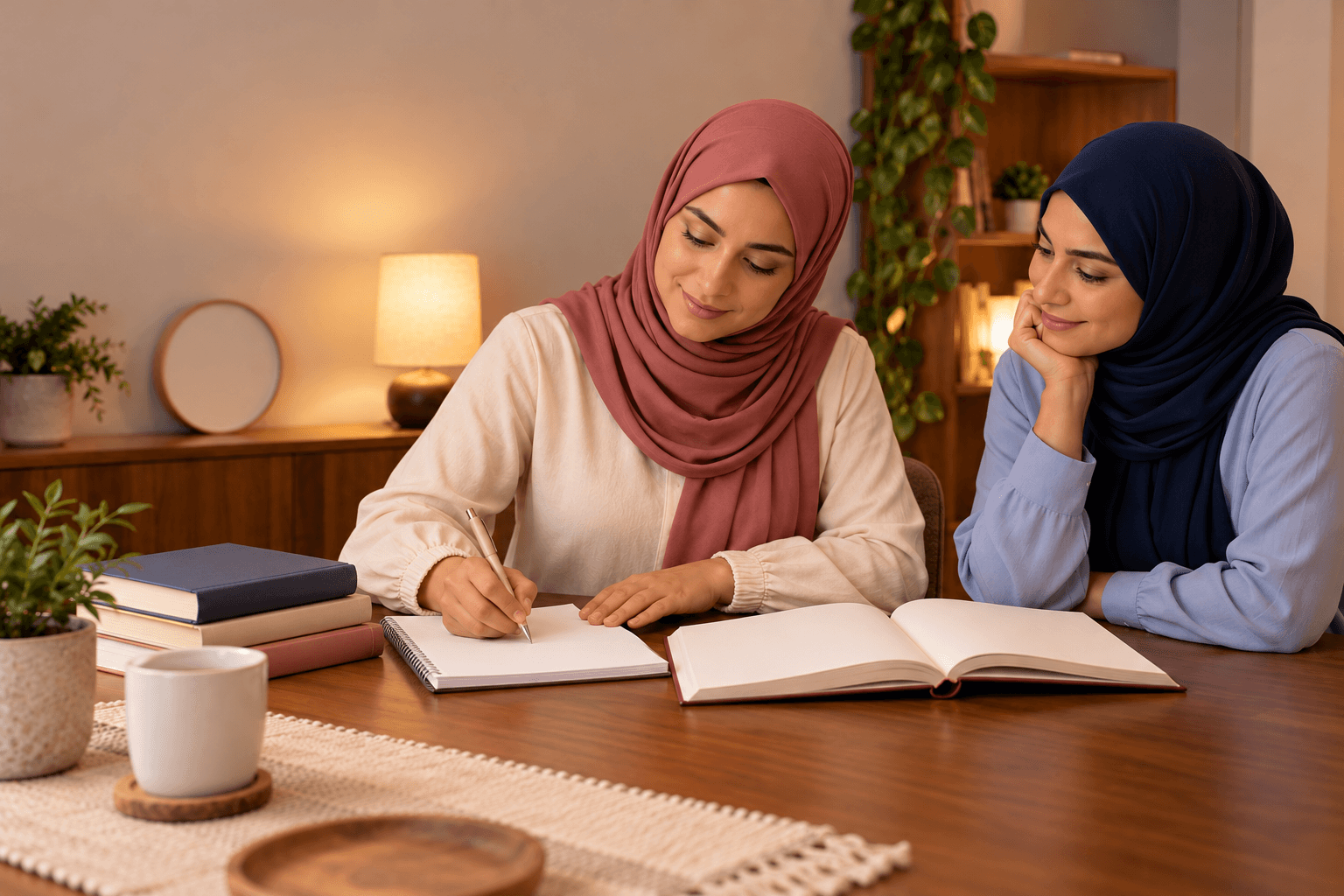 مها تنقل من كتاب مفتوح إلى دفتر، وزميلتها تنتظر تفسيرًا.