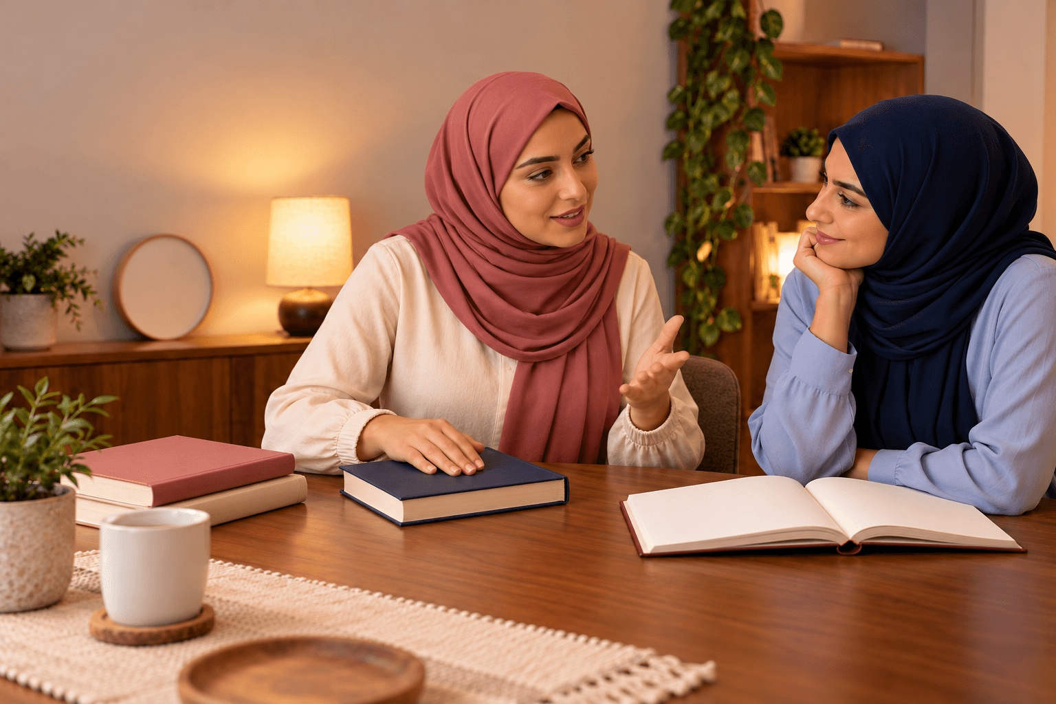 مها تغلق الكتاب وتشرح فكرة بصوتها لزميلة؛ لا كتابة على الكتب.