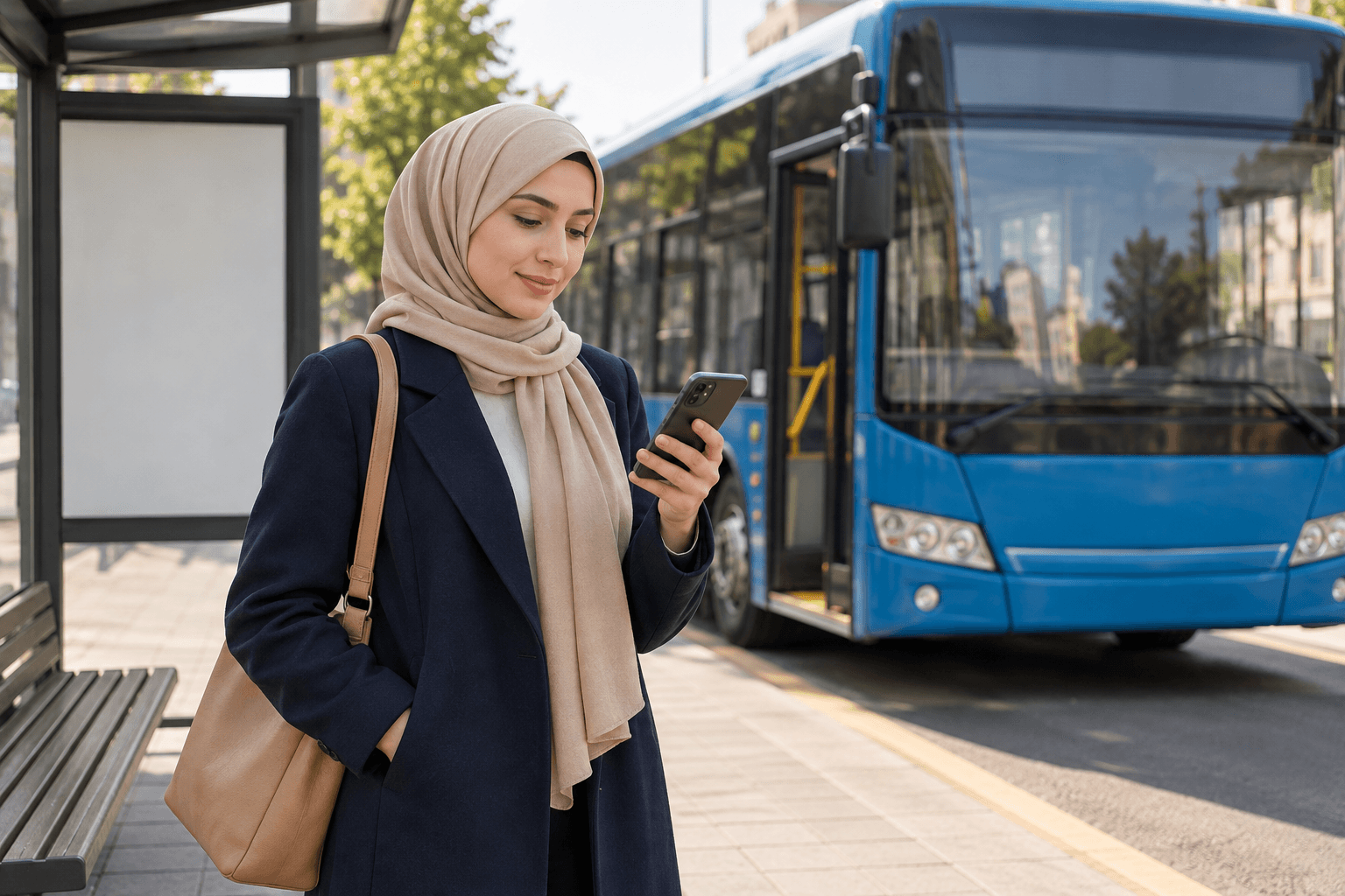 طالبة بحجاب قرب محطة وحافلة في الخلفية وهاتف بيدها.