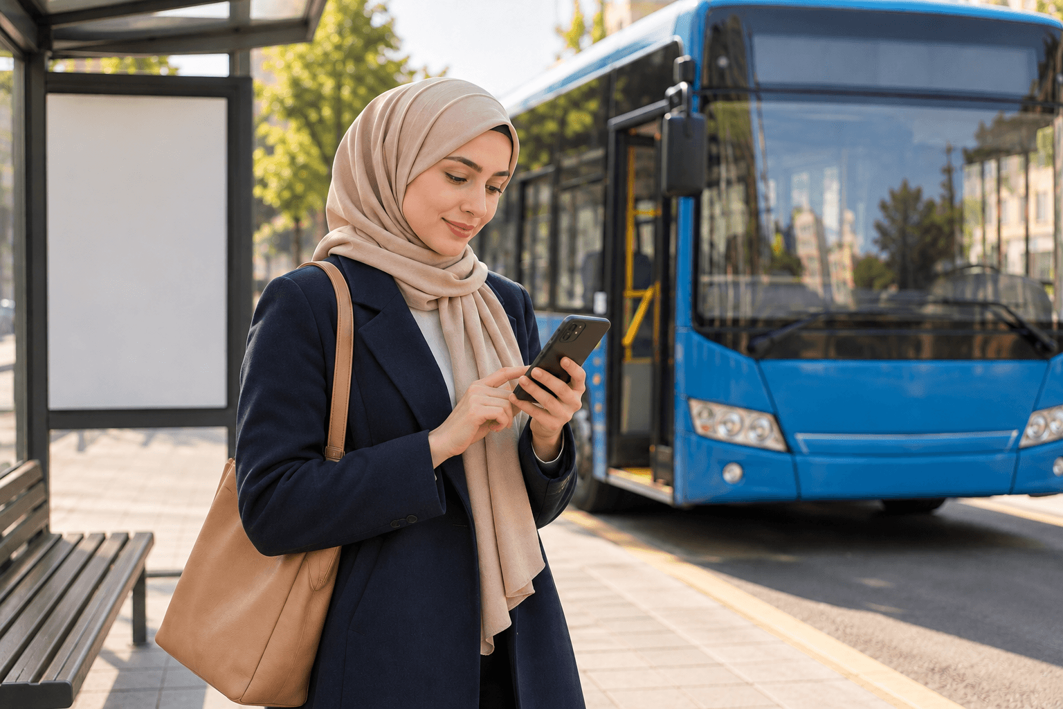 نفس الطالبة تنظر إلى هاتفها قرب مقعد المحطة.