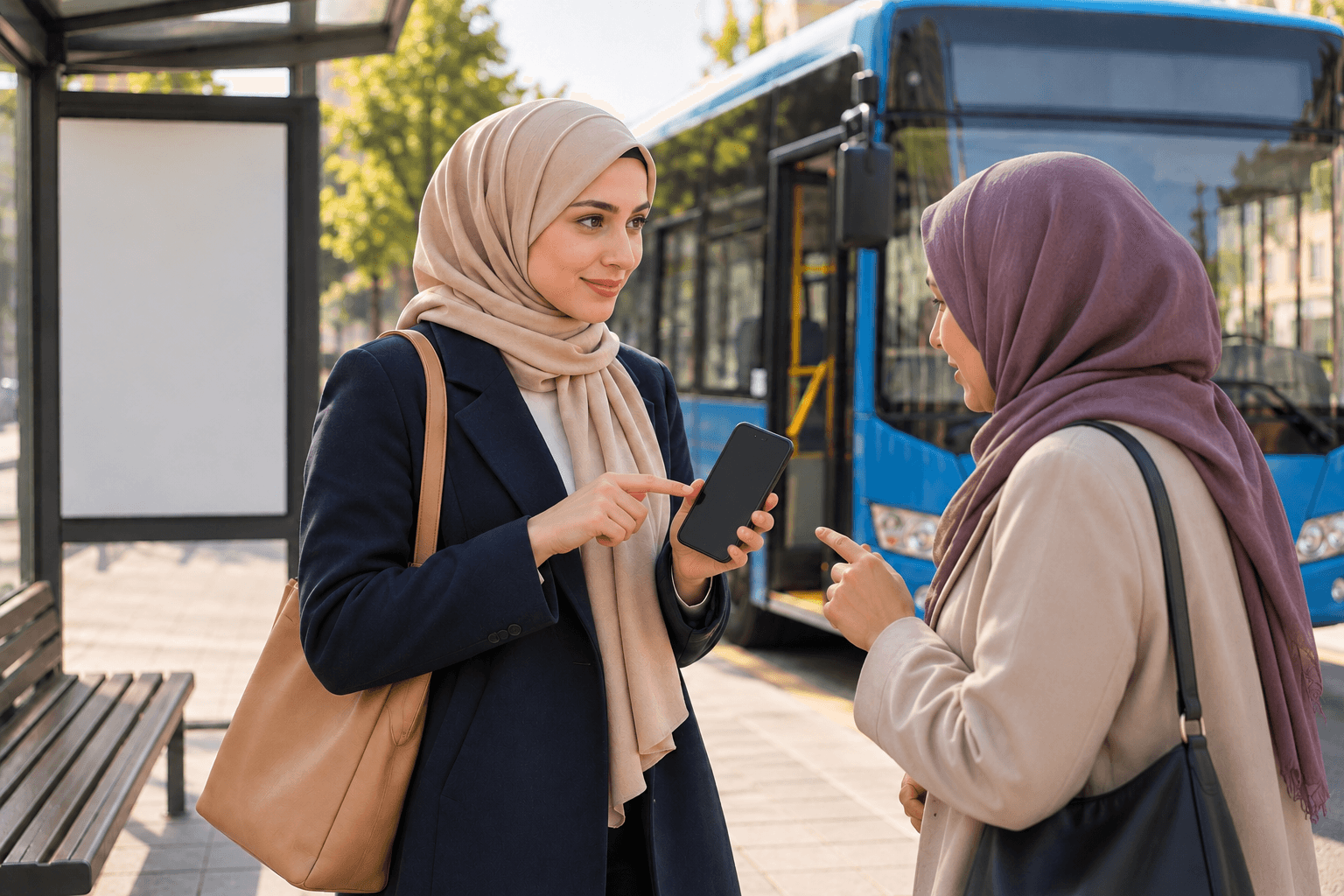 نفس الطالبة تسأل شخصًا بالغًا عند المحطة؛ لا نثبت حدثًا مفاجئًا قبل النص.