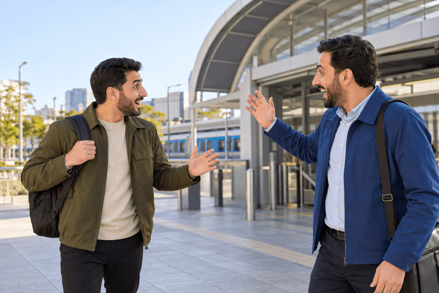 شخص يتفاجأ بلقاء زميل في طريق عام قرب محطة.