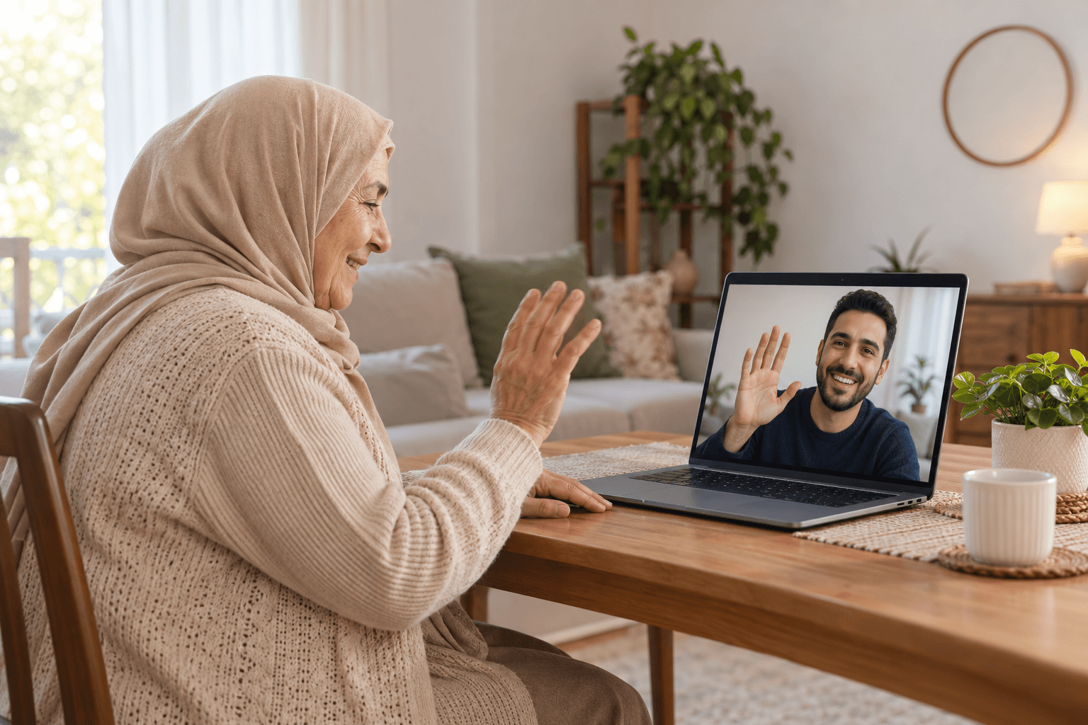 امرأة تتحدث عبر شاشة مع أقارب.