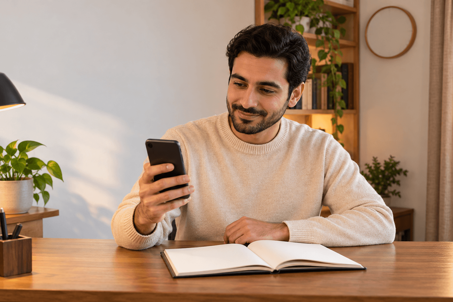 شاب ينظر إلى هاتفه بجوار كتاب مفتوح.