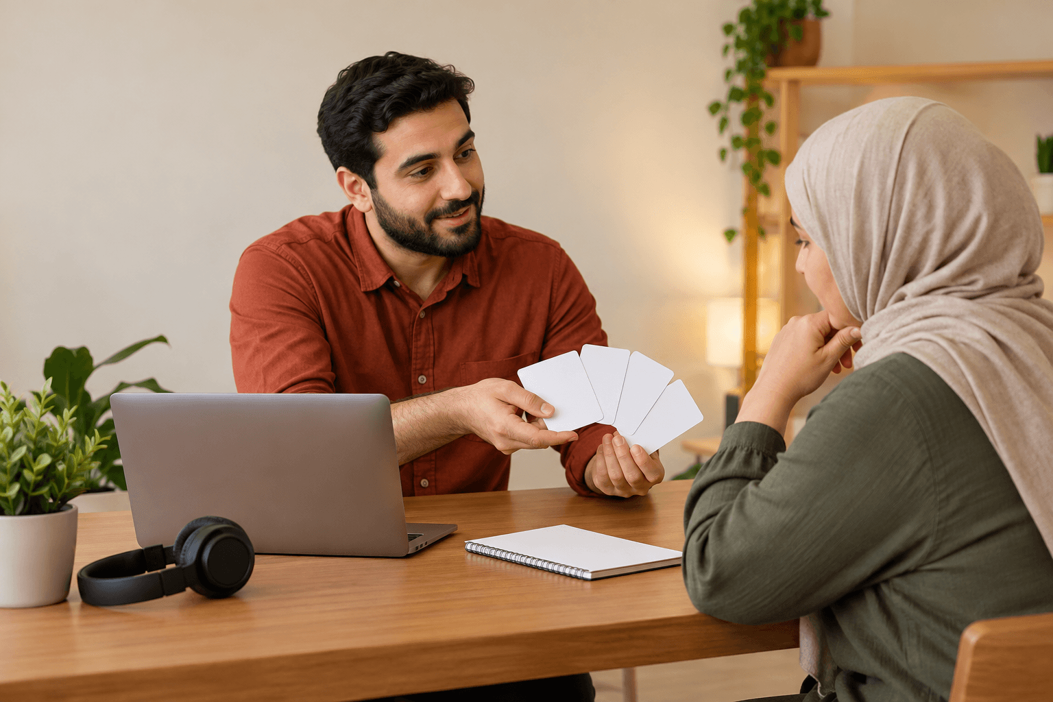 متطوع يسأل بالغًا ويعرض بطاقات فارغة لاختيار جواب.