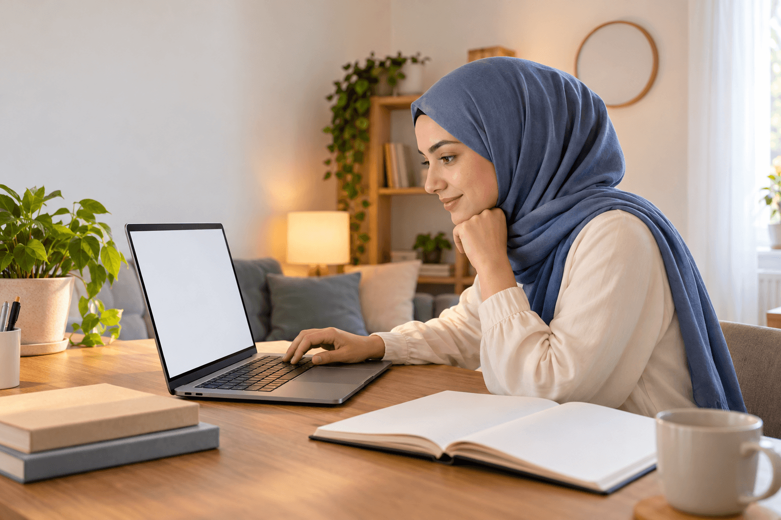 طالبة بحجاب تتعلم من حاسوب في منزل هادئ.