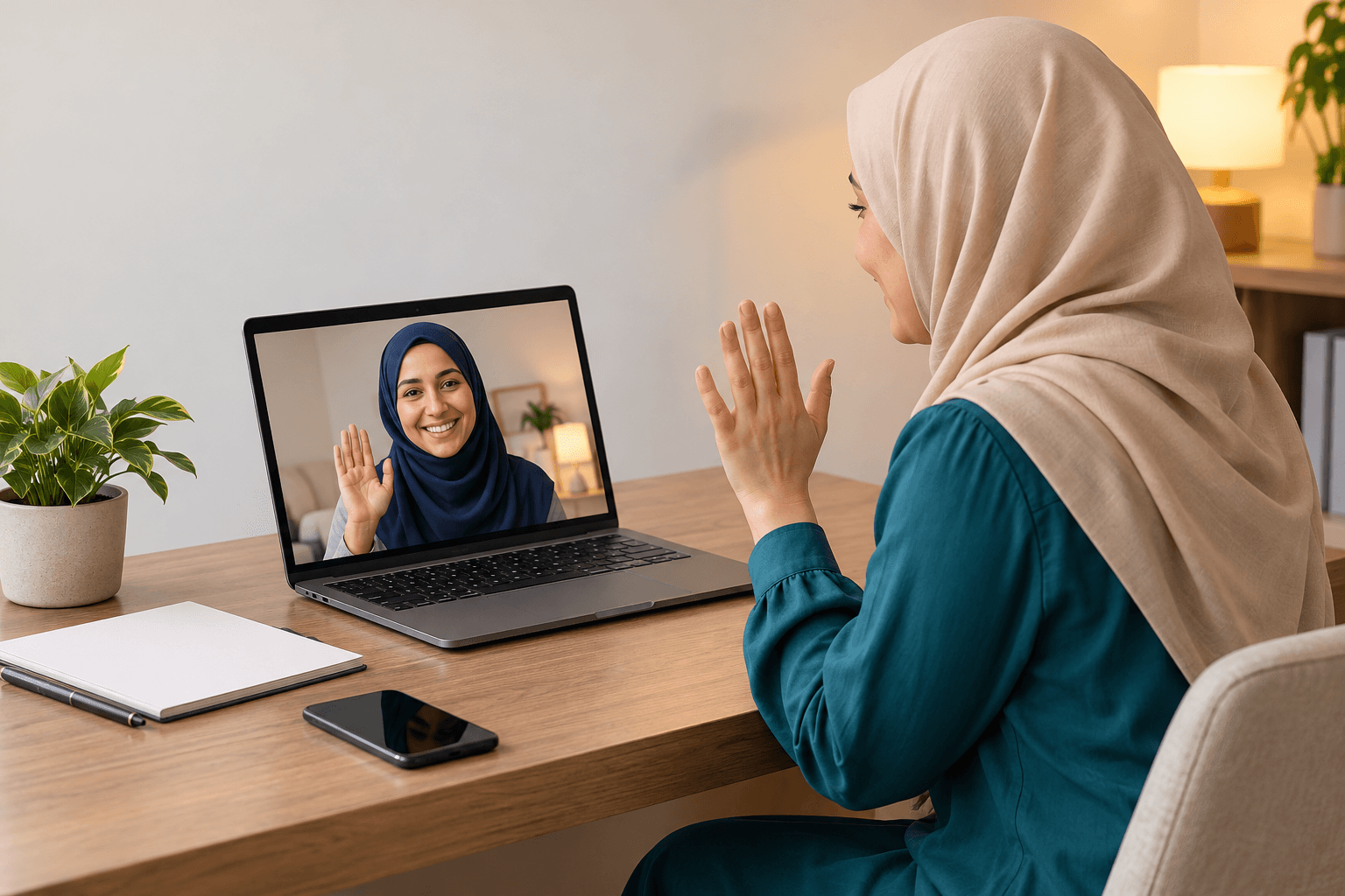 طالبة بحجاب تستخدم مكالمة فيديو للتواصل مع زميلة بعيدة.