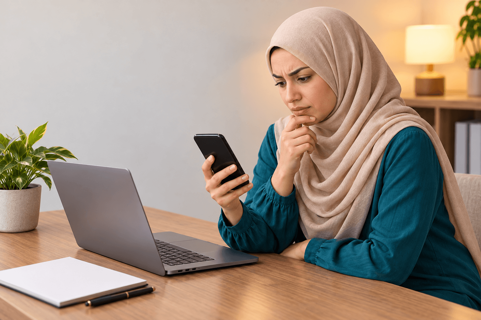 نفس الطالبة تنظر إلى شاشة هاتف فارغة وتحاول فهم رسالة.
