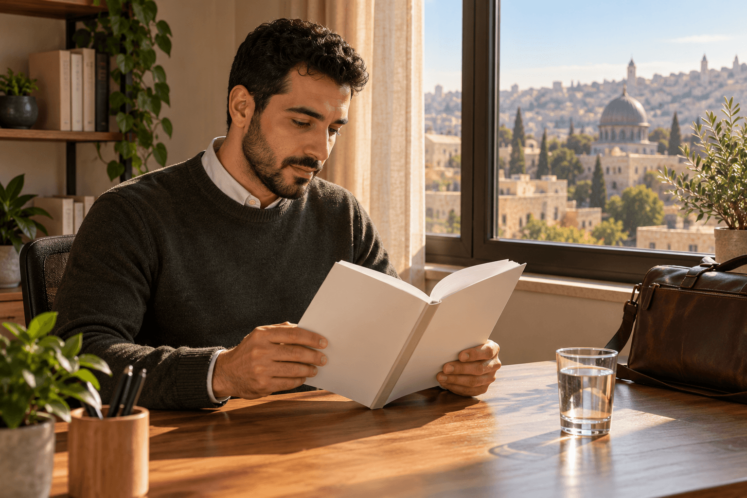 رجل بالغ يقرأ كتابًا قرب نافذة في صباح هادئ.
