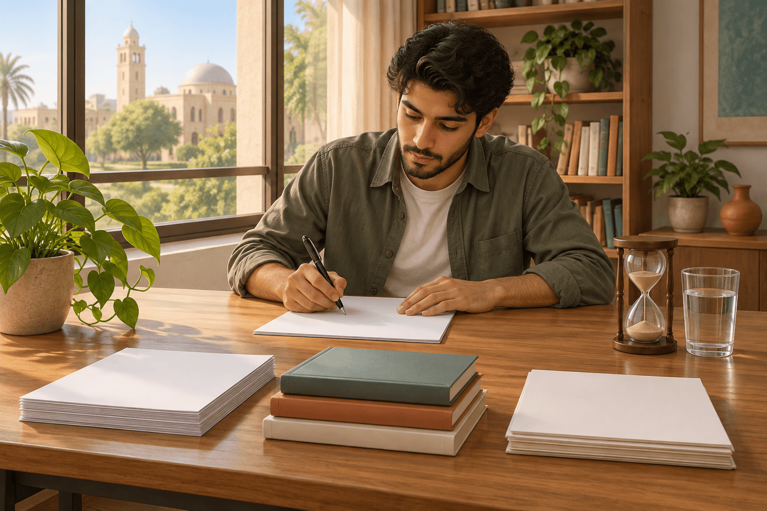 طالب يعمل على ورقة واحدة بمكتب مرتب فيه مجموعات أوراق وكتب وساعة رملية وكوب ماء.