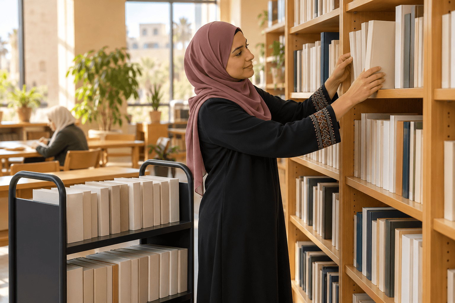 موظفة بحجاب ترتب كتبًا على رف قرب عربة.