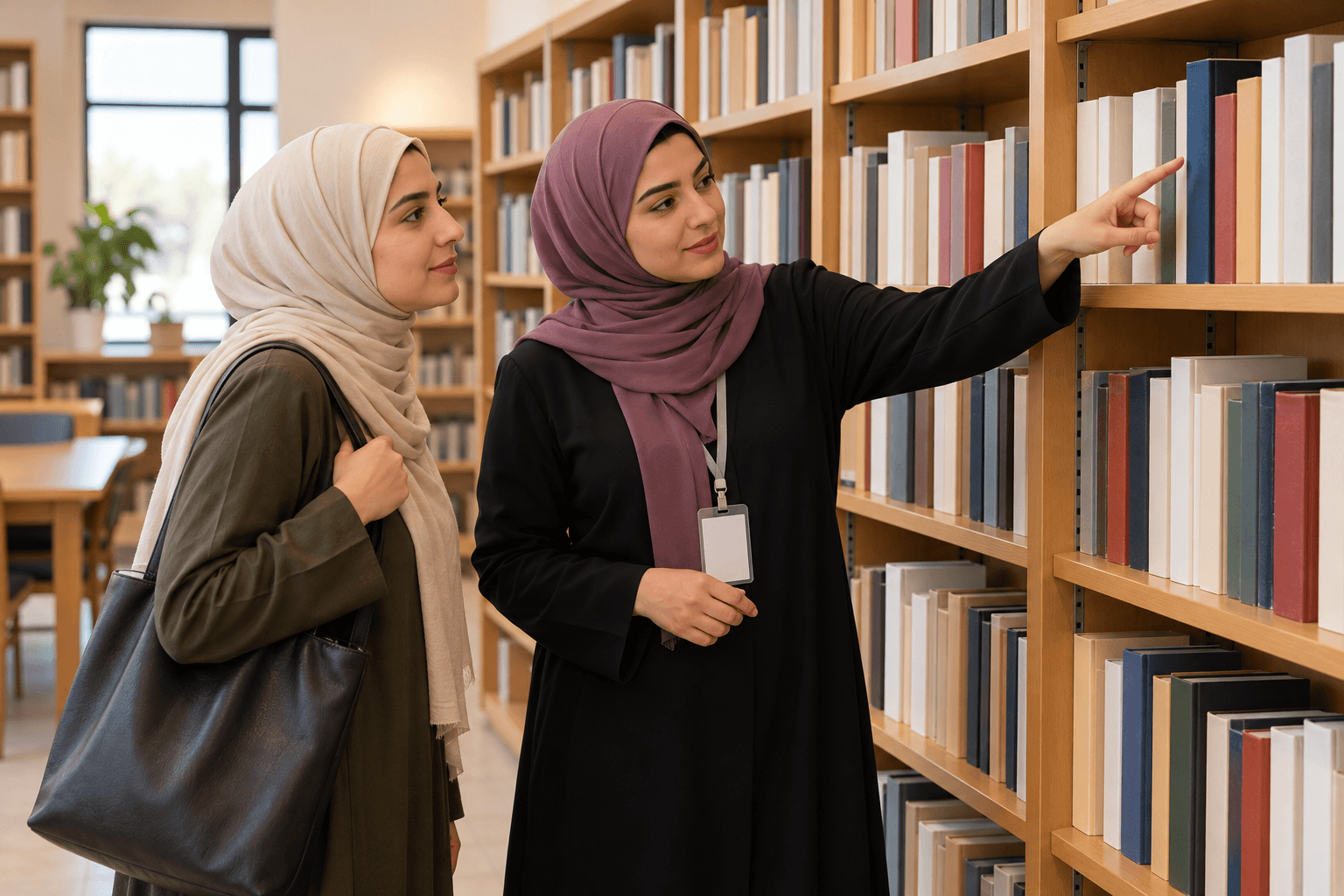 موظفة مكتبة بالغة بحجاب تشير إلى كتاب وتساعد زائرة في العثور عليه.