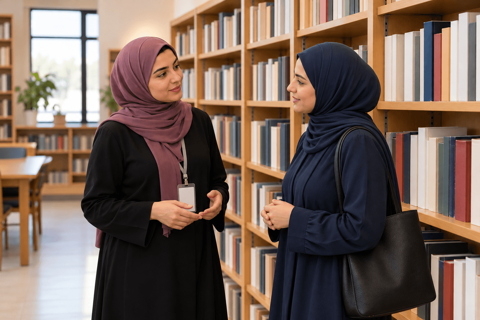موظفتان بحجاب تتحدثان باهتمام في مكتبة قرب الرفوف.