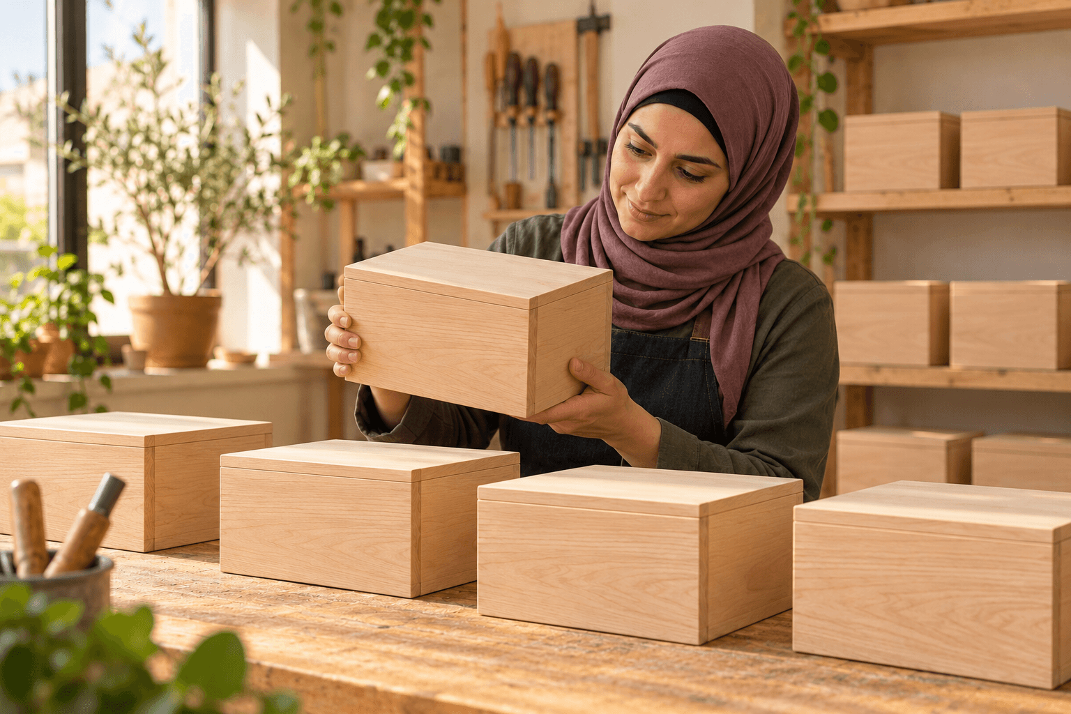 امرأة بحجاب تفحص قطعة من دفعة علب مكتملة.