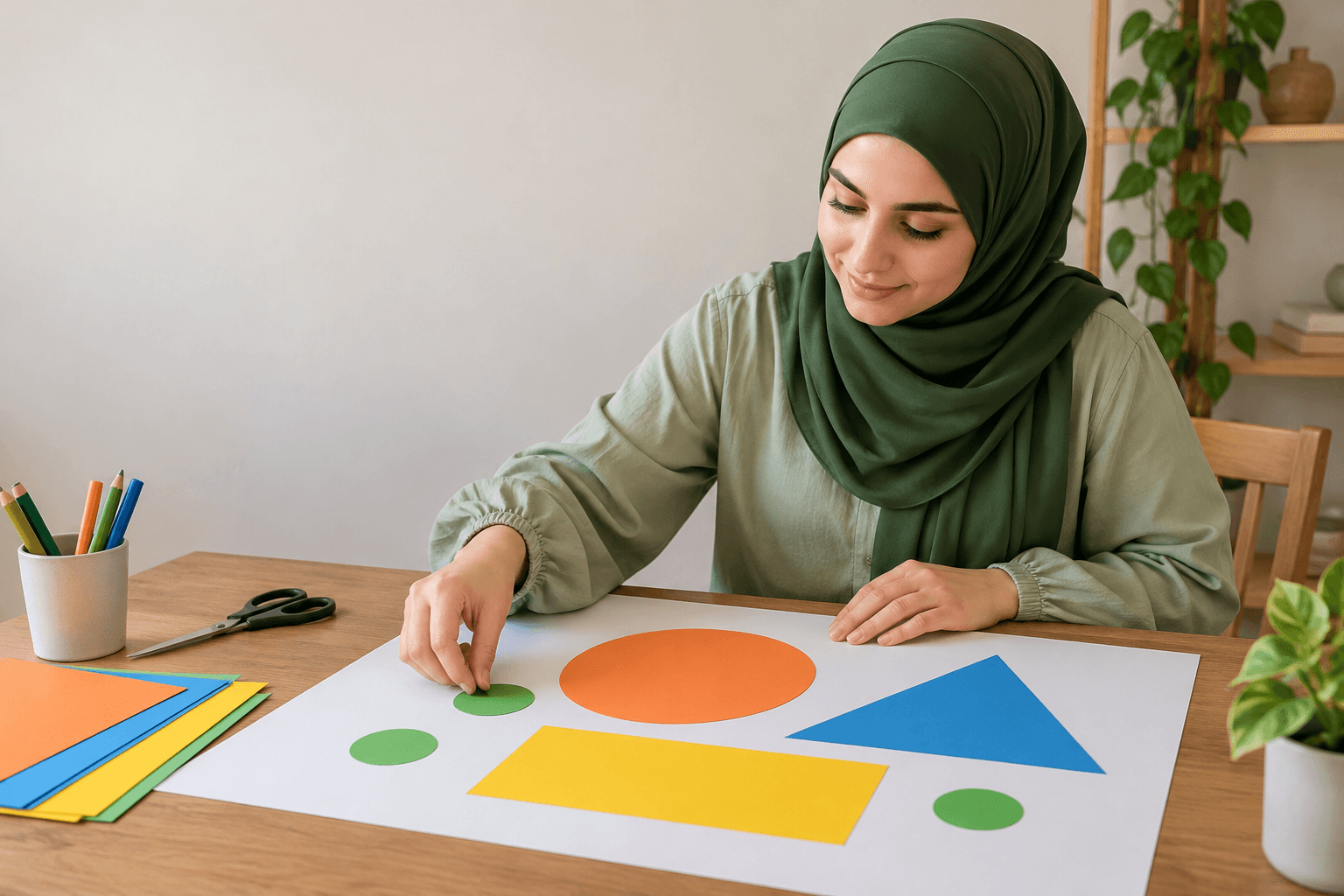 طالبة بحجاب أخضر ترتب أشكالًا ملونة في تصميم.