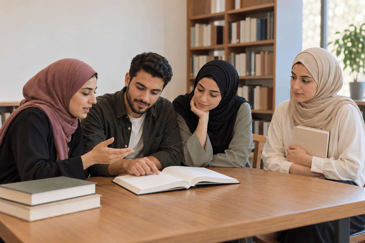 مجموعة طلاب تتناقش حول كتب، وطالبة تستمع.