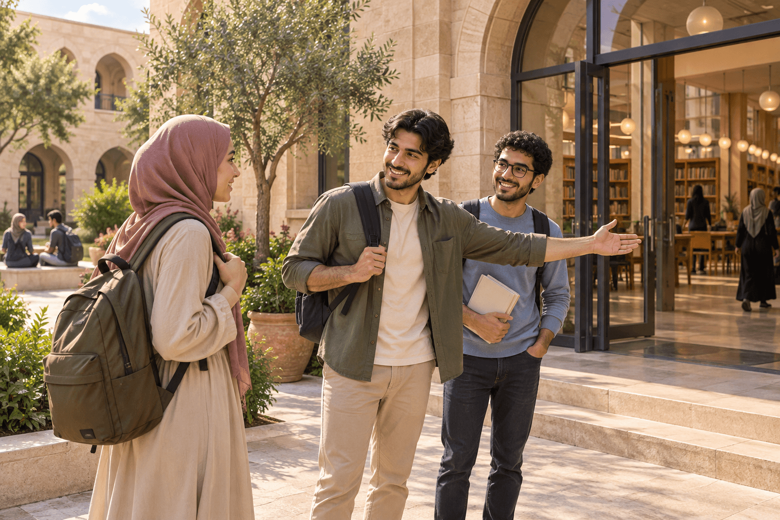 طالبة جامعية بحجاب يرحب بها طالبان قرب مكتبة في ساحة كلية حجرية ذات نباتات.