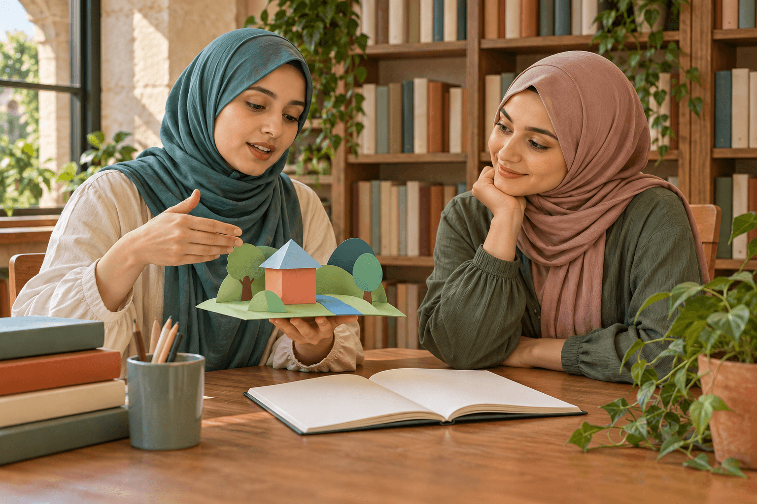 طالبة بحجاب تشرح نموذجًا ورقيًا لزميلة واحدة تستمع إليها في مكتبة هادئة.