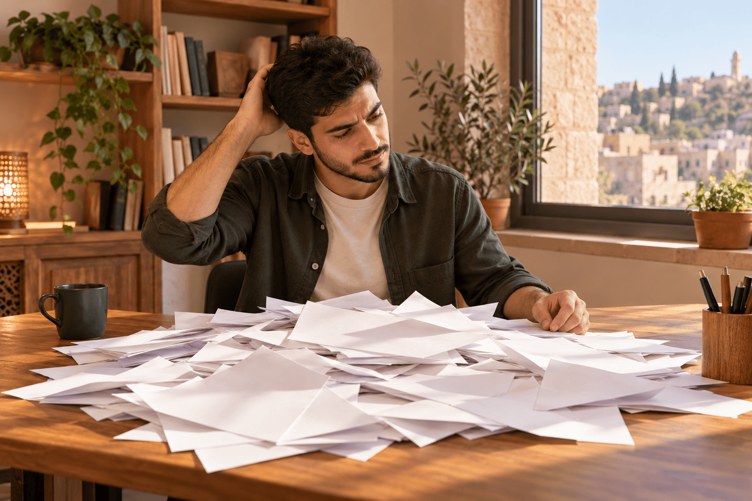 طالب ينظر بحيرة إلى أوراق كثيرة مبعثرة على مكتبه.