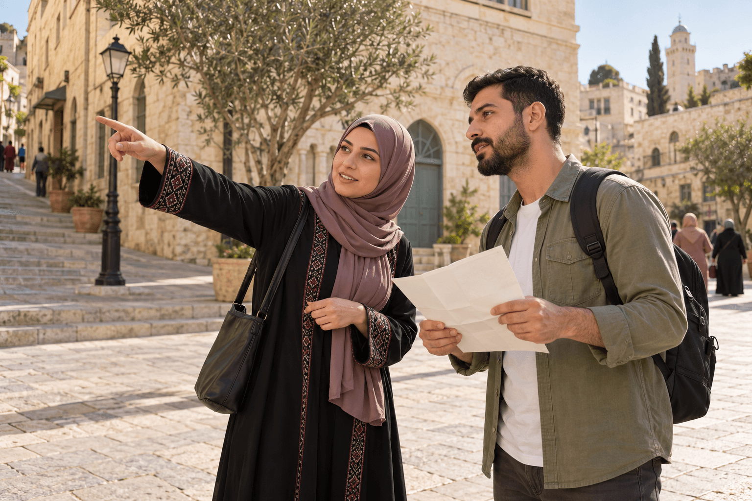 امرأة بحجاب ترشد رجلًا إلى الطريق في ساحة بلدة.