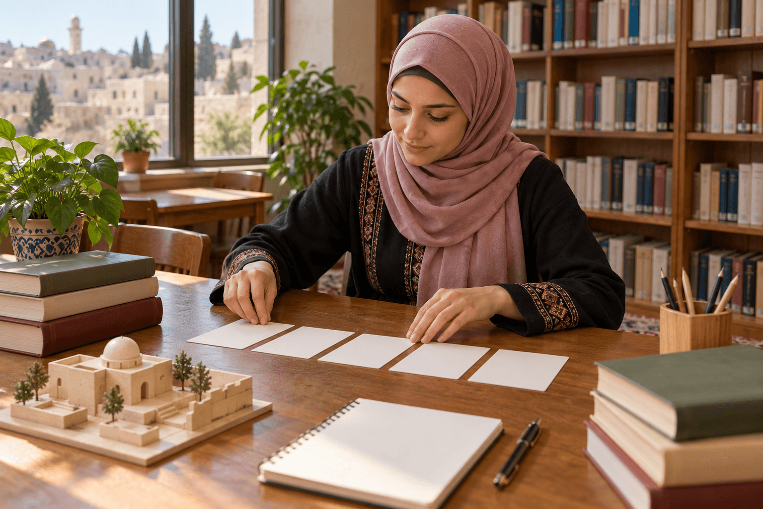 طالبة بالغة بحجاب ترتب خمس بطاقات فارغة على مكتب قبل كتابة القصة.