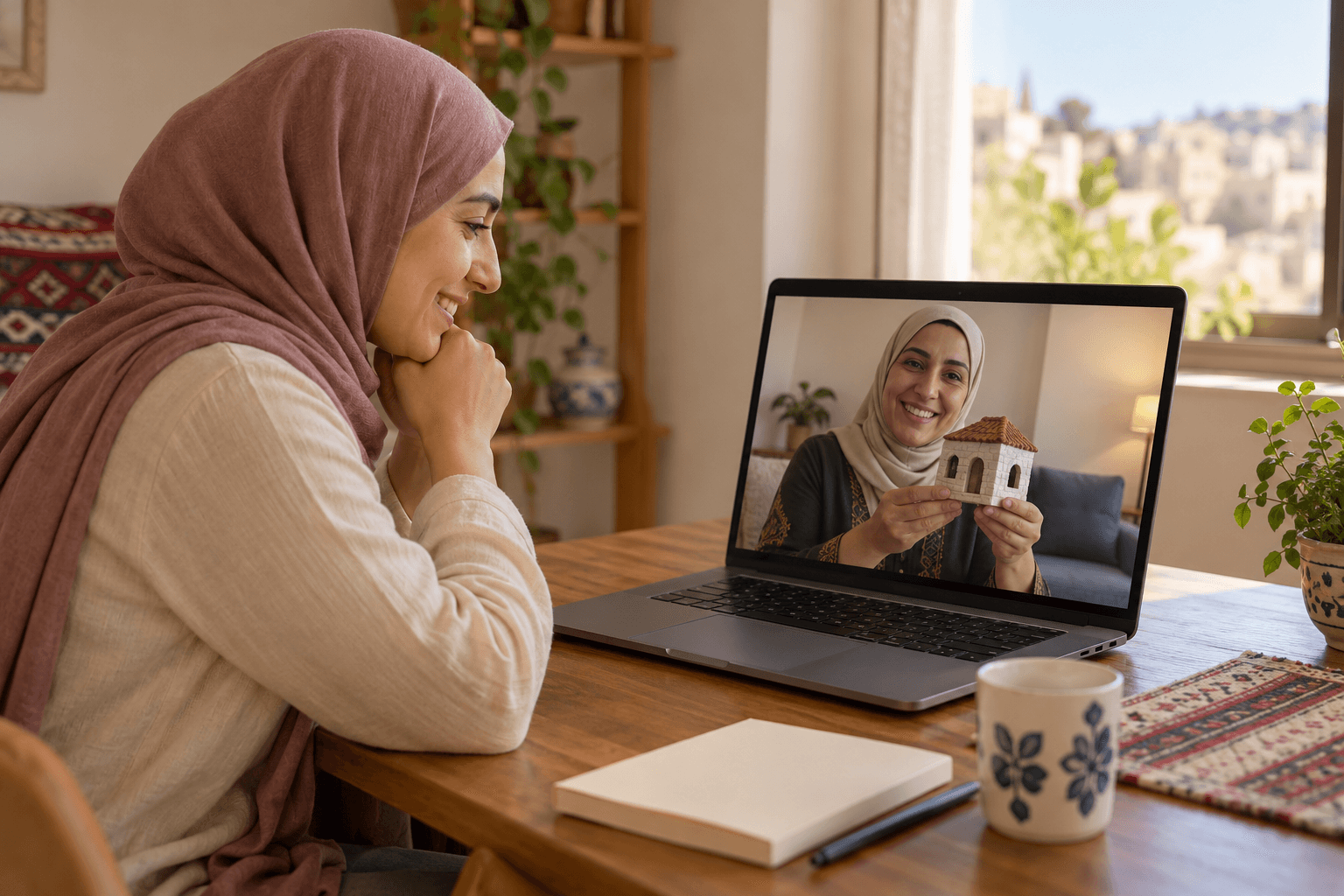 امرأة بحجاب تتحدث بالفيديو مع قريبة تعرض نموذجًا من منزل آخر.