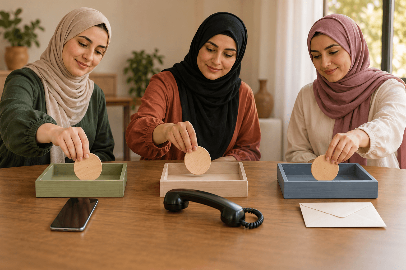 ثلاث مشاركات بحجاب تضع كل منهن قطعة واحدة في صينية اختيارها.