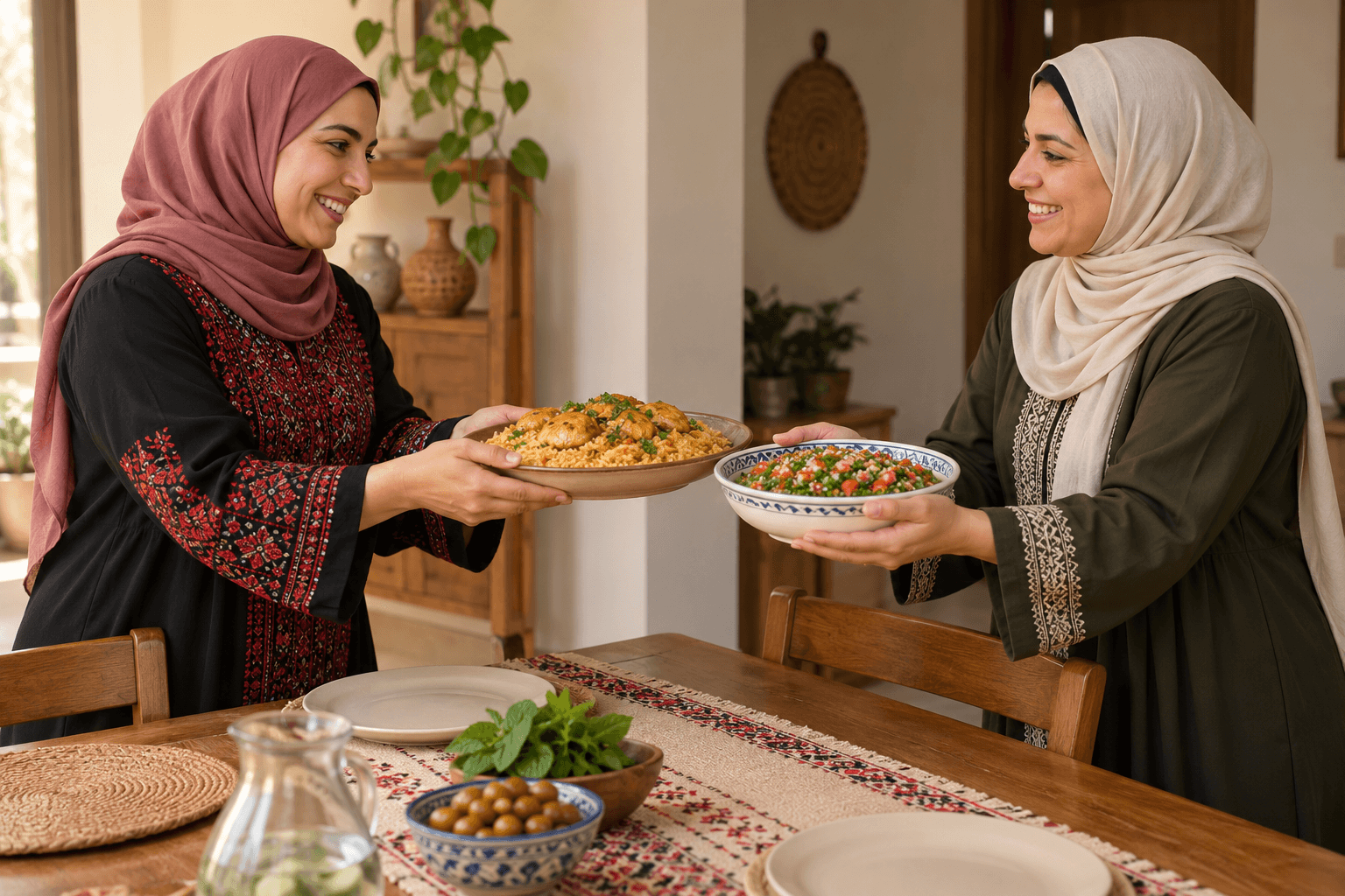 امرأتان بحجاب تتبادلان طبقين مختلفين بابتسامة.