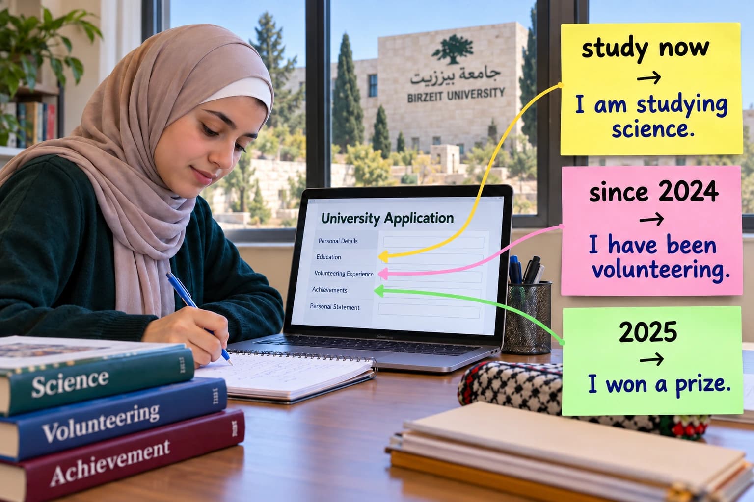 طالبة تملأ طلب الالتحاق بجامعة بيرزيت، وثلاث ملاحظات لاصقة بجانب الشاشة.