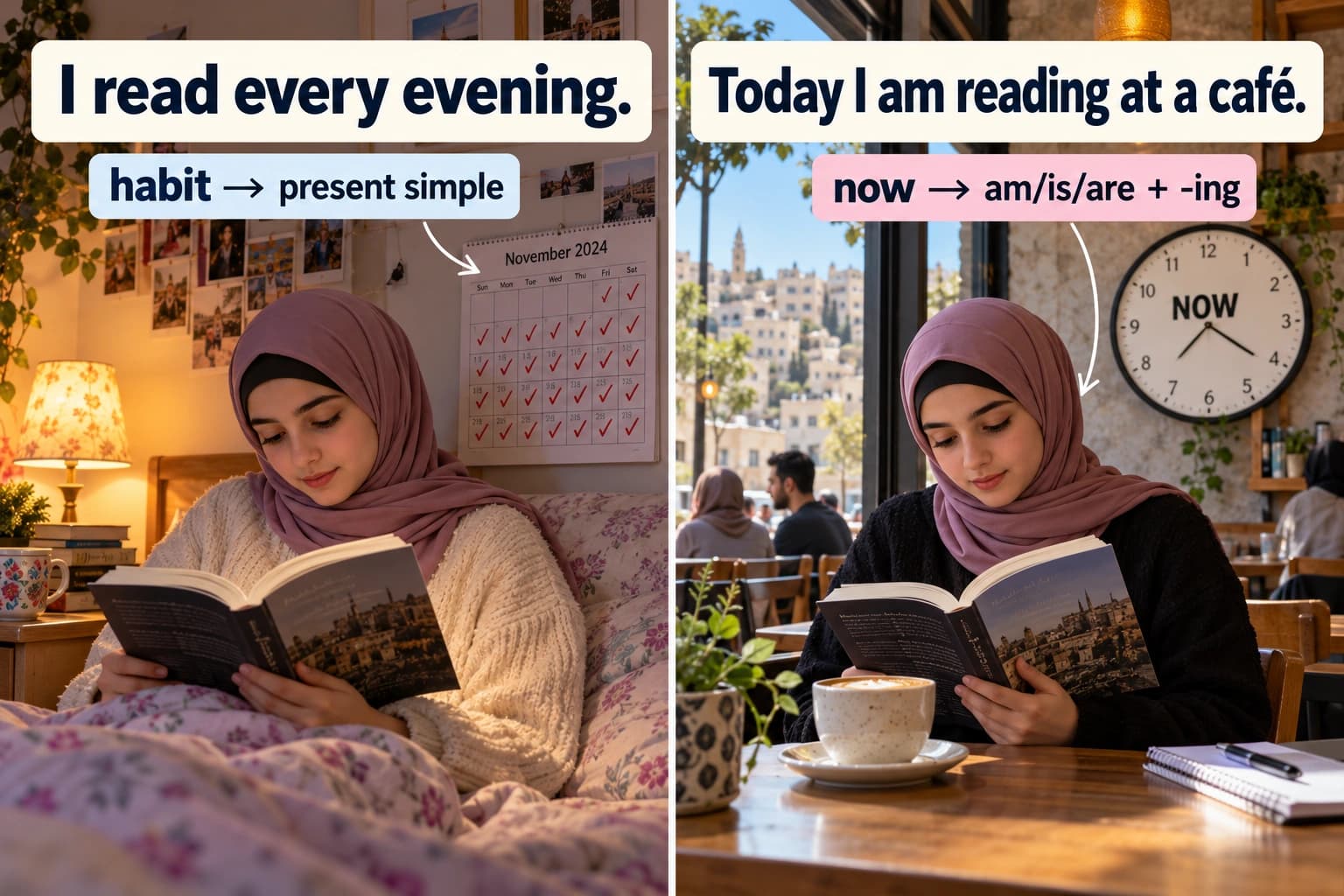 فتاة تقرأ في سريرها كل مساء، ثم تقرأ اليوم في مقهى في رام الله.