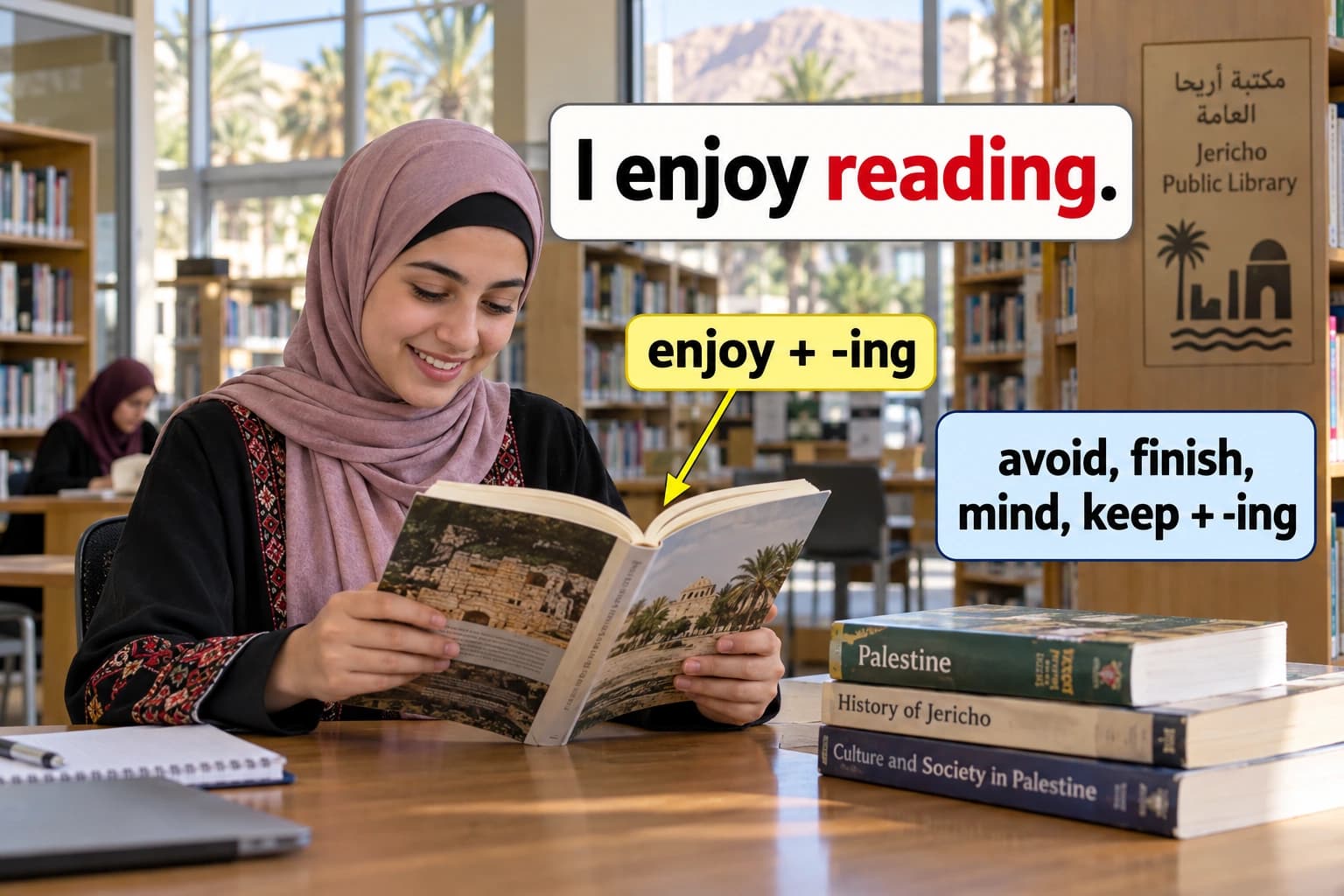 فتاة تقرأ مستمتعة في مكتبة عامة في أريحا.