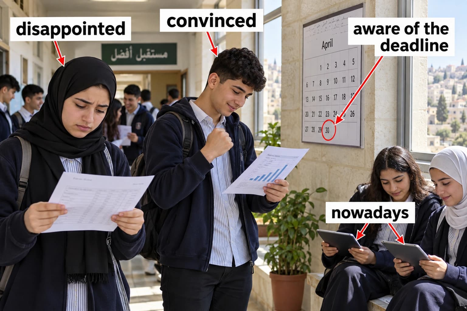 ممر مدرسة يوم النتائج: طالبة حزينة، وطالب مقتنع، وتقويم عليه موعد نهائي.