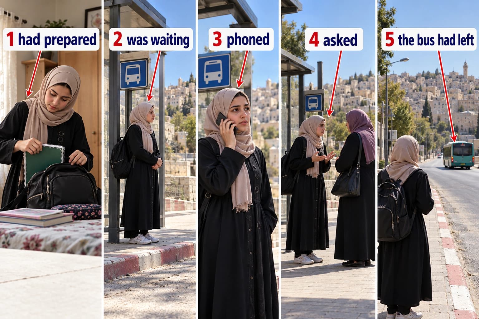 خمس صور مرقّمة لقصة انتظار الباص في الخليل.