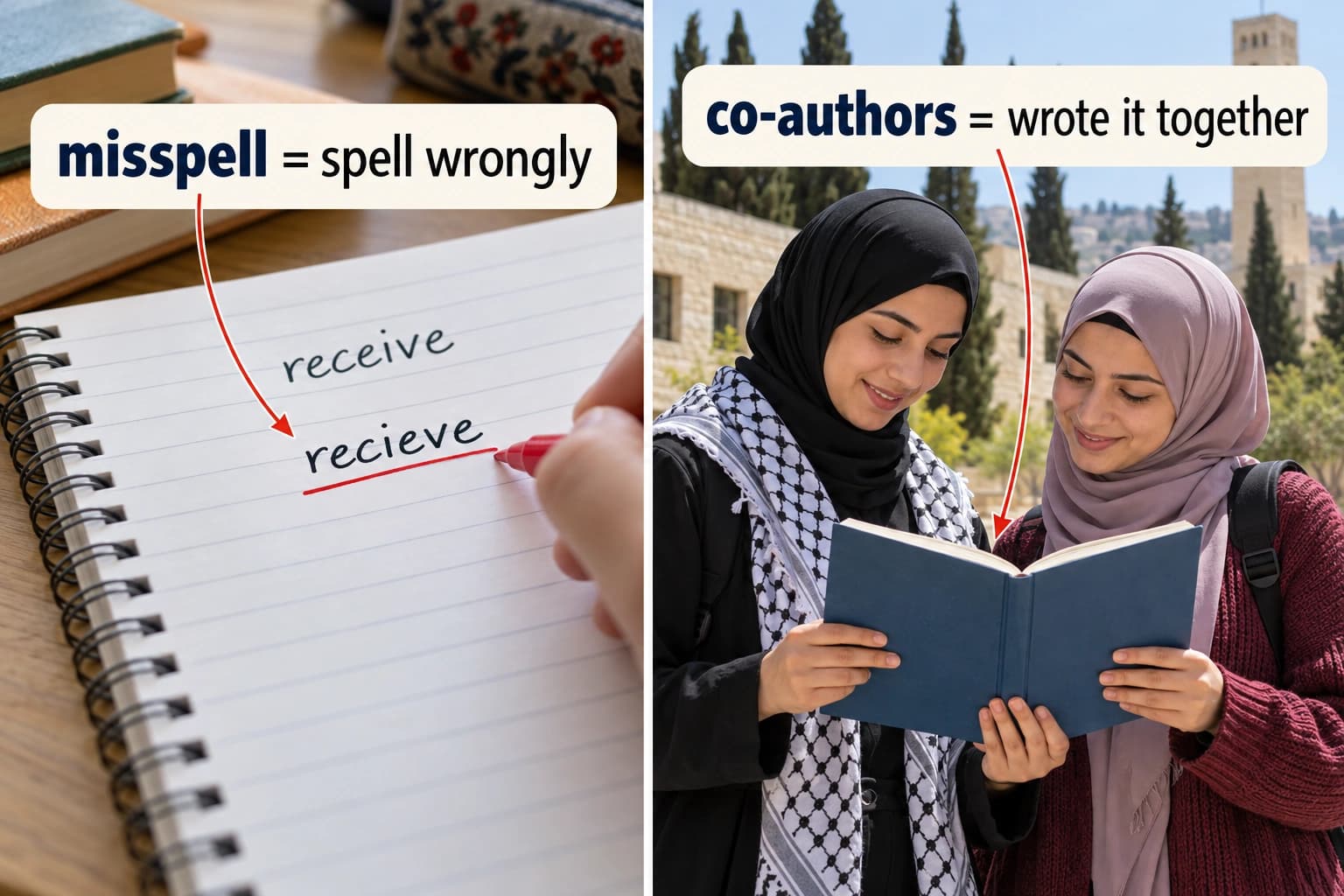 كلمة مكتوبة خطأً في دفتر، وطالبان كتبا كتابًا معًا.