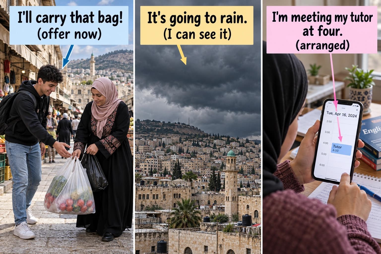 ثلاث صور: شاب يعرض المساعدة، وغيوم سوداء، وموعد مكتوب في الهاتف.