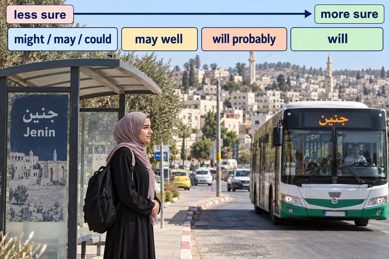 سهم فوق موقف باص يرتّب كلمات الاحتمال من الأضعف إلى الأقوى.