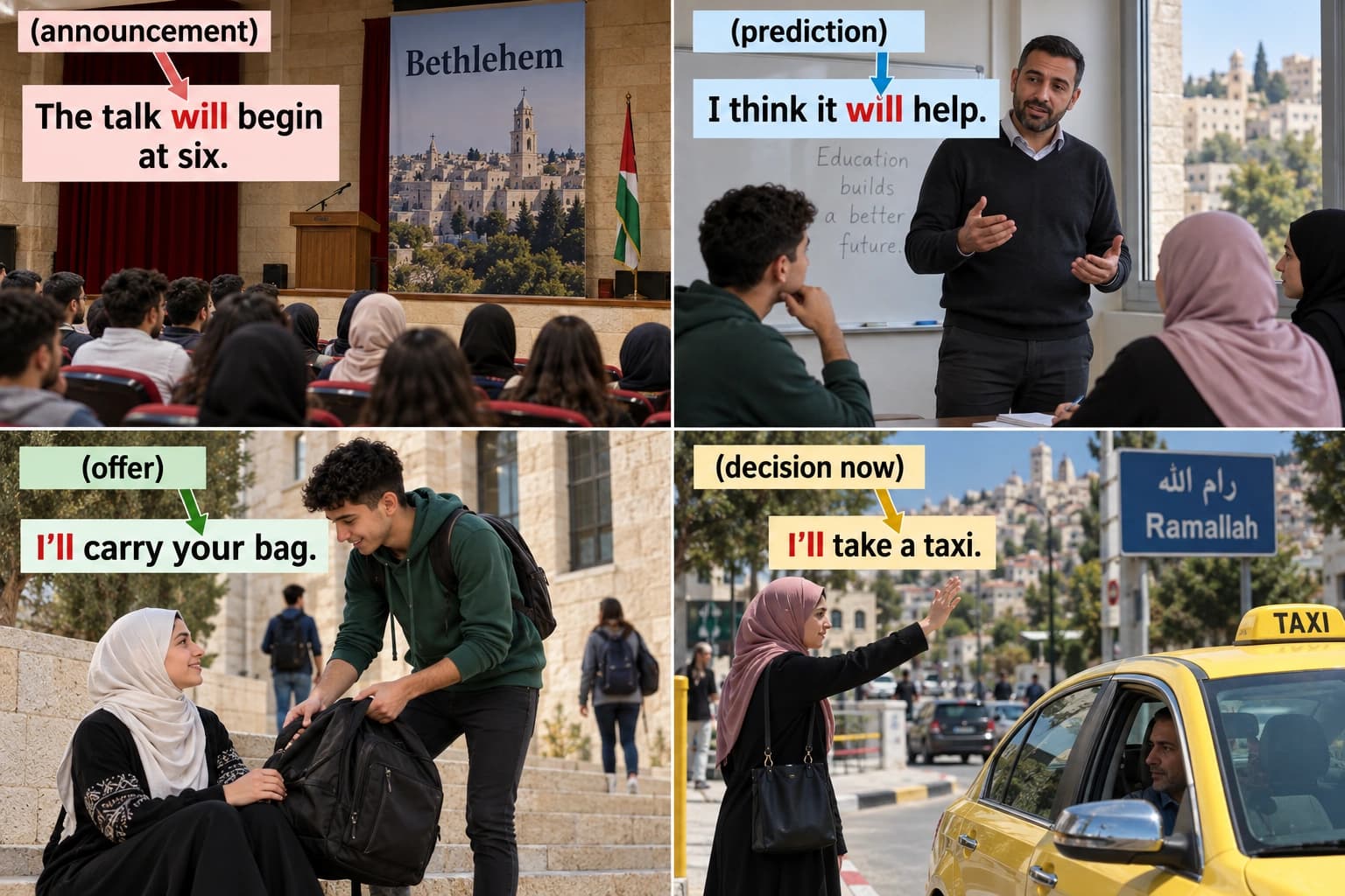 أربع صور: إعلان محاضرة، ومعلّم يتوقع، وشاب يعرض المساعدة، وامرأة تقرر أخذ تكسي.