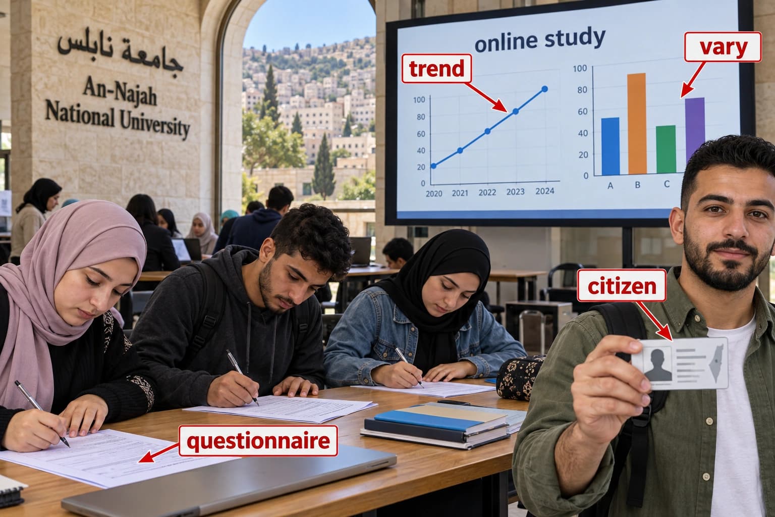 قاعة جامعية في نابلس: طلاب يملؤون استبيانًا، ورسوم بيانية على الشاشة.