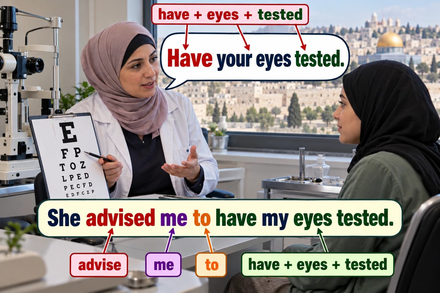 طبيبة في القدس تنصح مريضًا بفحص عينيه.